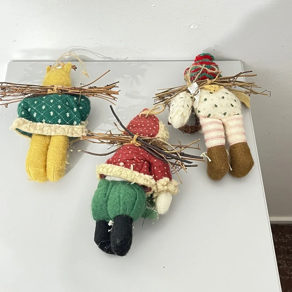 Vintage Christmas Ornaments  Multicolor Primitive Plush Trio Twig Set